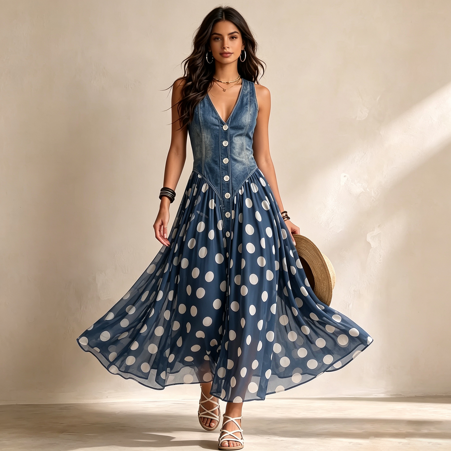 Sleeveless Denim Patchwork Maxi Dress with Polka Dot Chiffon Skirt