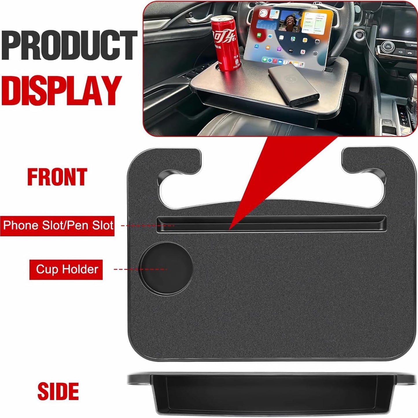 🚗 2-in-1 Car Desk Tray – Steering Wheel Workstation + Side Seat Storage Pocket