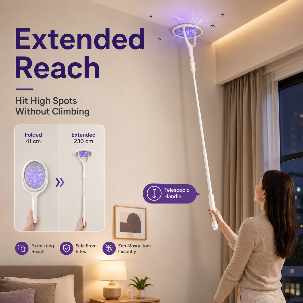 ⚡ Foldable Electric Mosquito Swatter – Rechargeable Bug Zapper with Extendable Handle