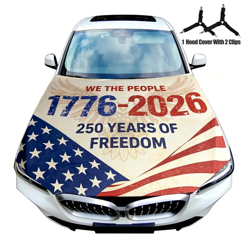 American Flag Car Hood Cover With Dual Triangle Clips Fits Trucks SUVs Sedans Jeep Commemorative Edition