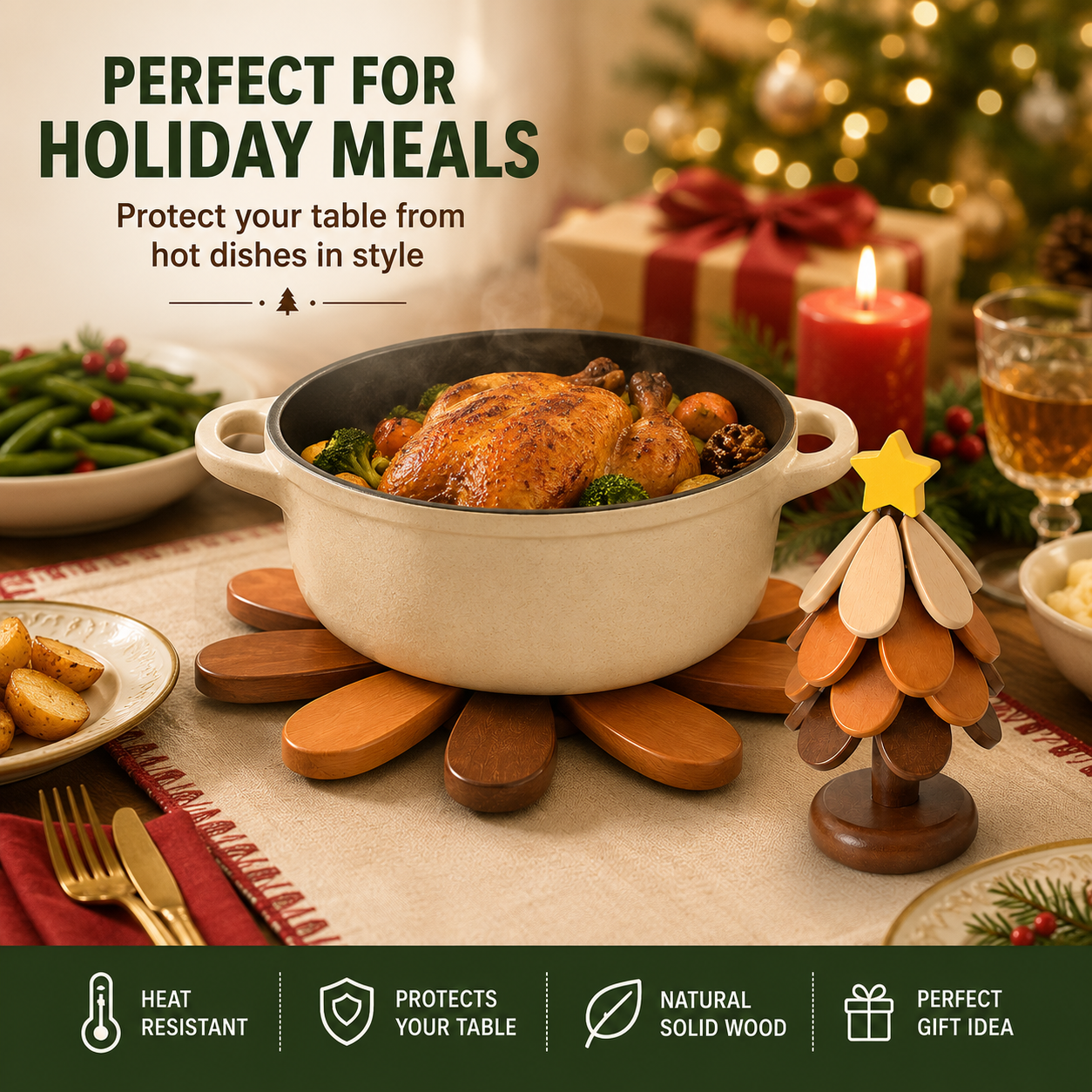 🎄 50% OFF Today | Folding Wooden Christmas Tree Trivet | Heat Resistant Expandable Solid Wood Pot Holder & Holiday Table Decor