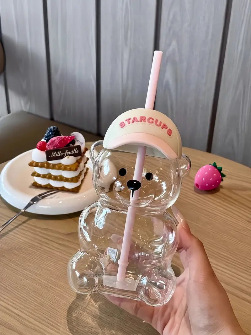 2026 New Cute Beaar Glass Tumbler with Bear Lid & Strawberry Straw, Holiday Teddy Bear Cup，20oz Reusable Aesthetic Teddy Bear Cup for Iced Coffee, Boba Milk Tea, Matcha, Juice, Smoothies & Cold Drinks, Dishwasher Safe