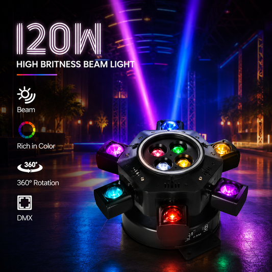 MDT Super 6-IN-1 Moving Head DJ Lights with RGBW 6-Arm Beams, Bee-Eyes Effect