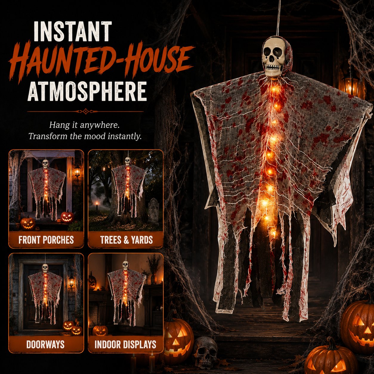 🩸Light-Up Bloody Hanging Ghost – 💀Creepy Skeleton Halloween Porch & Haunted House Decor