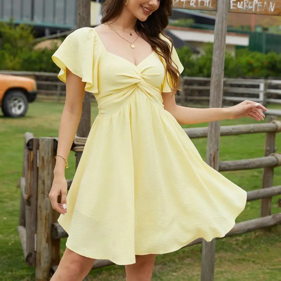 🌈50% OFF TODAY🚀Women's Sweetheart Knot Front Dress Flutter Sleeve Tie Back A-Line Chiffon Mini Dresses