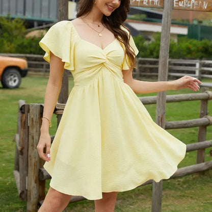 🌈50% OFF TODAY🚀Women's Sweetheart Knot Front Dress Flutter Sleeve Tie Back A-Line Chiffon Mini Dresses