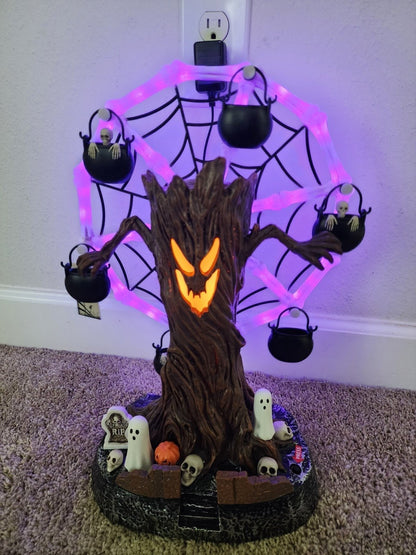 🎉📦Free Shipping🛫Rotating Halloween Ghost Tree Ferris Wheel Table Decor, LED Light Up Skeleton Spider Web Spooky Figurine with Sound