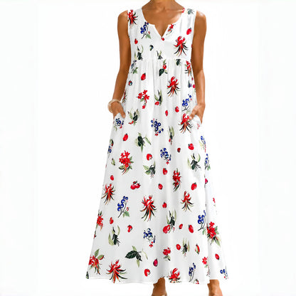 Polka Pockets Long Dress Sleeveless Berry Garden Sleeveless Maxi Dress Casual Summer Vacation Dress Womenswear Fitted Vneck