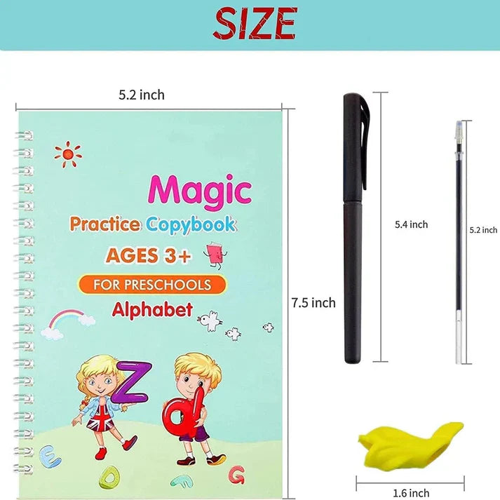 Magic Handwriting Practice Copybook Set (4 Books + Pen + 10 Refills + Grip)