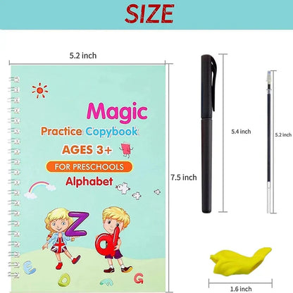 Magic Handwriting Practice Copybook Set (4 Books + Pen + 10 Refills + Grip)
