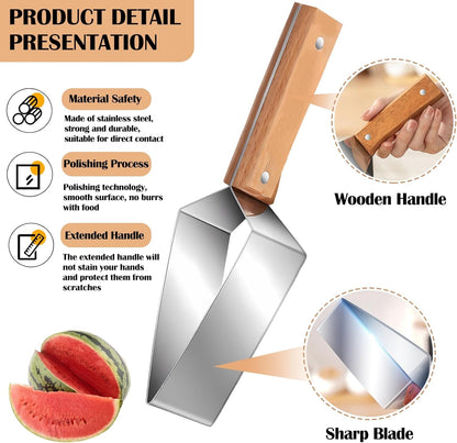 Stainless Steel Watermelon Wedge Cutter with Wooden Handle, Fruit Melon Slicer Kitchen Gadget