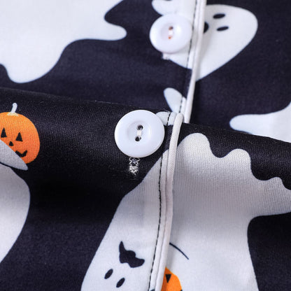 Women's Halloween Print Lapel Pajama Set – Mid-Year Sale: Casual, Comfortable Short-Sleeve Top & Shorts – All-Season Loungewear