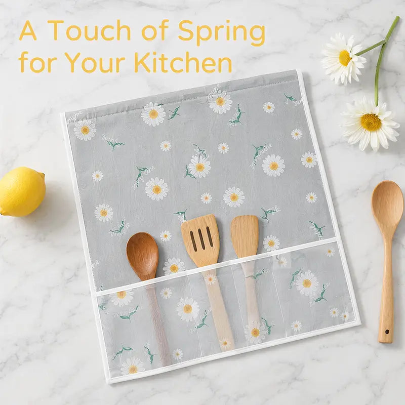 Daisy-print refrigerator dust cover with storage pockets