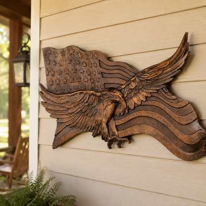 Eagle & Flag Wood Wall Plaque - Handcrafted American Heritage Tribute