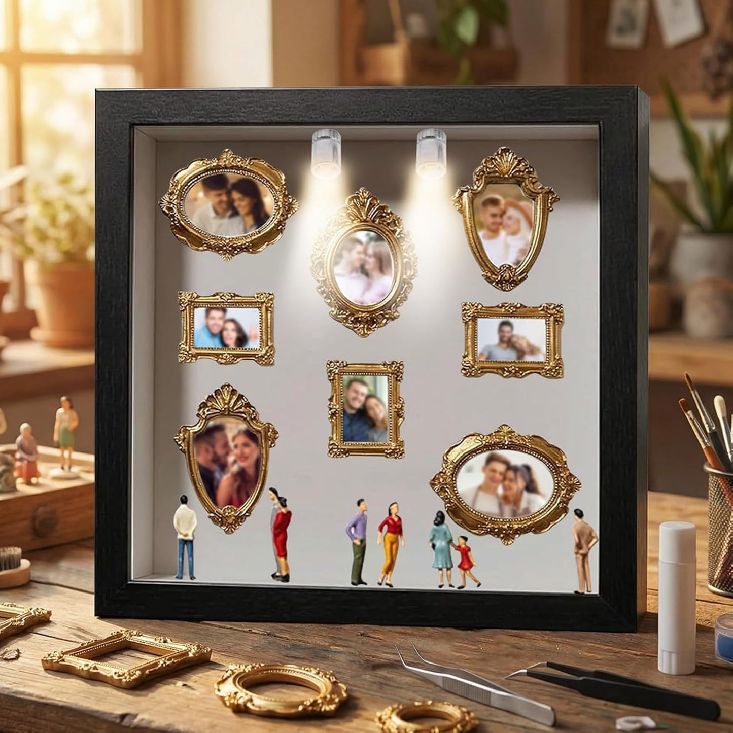 DIY Mini Museum Shadow Box Kit - Customizable 3D Memory Display Frame with LED Lights, Mini Frames & Figurines for Wedding, Graduation & Gifts
