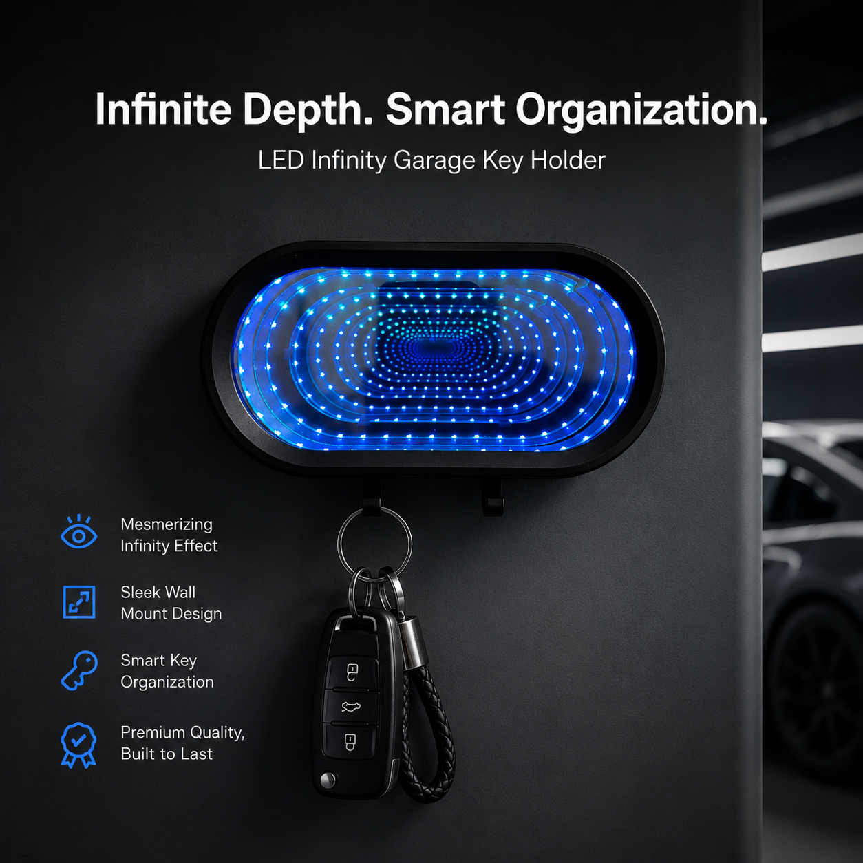 🌟Infinity LED Garage Key Holder | Illusion Mirror Rechargeable Holder