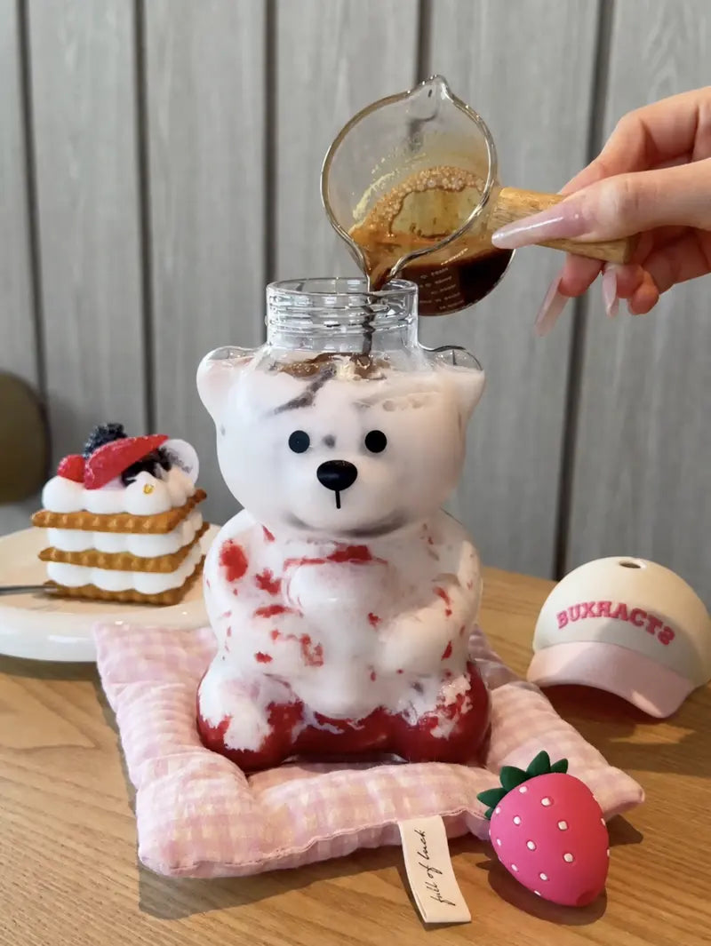 2026 New Cute Beaar Glass Tumbler with Bear Lid & Strawberry Straw, Holiday Teddy Bear Cup，20oz Reusable Aesthetic Teddy Bear Cup for Iced Coffee, Boba Milk Tea, Matcha, Juice, Smoothies & Cold Drinks, Dishwasher Safe