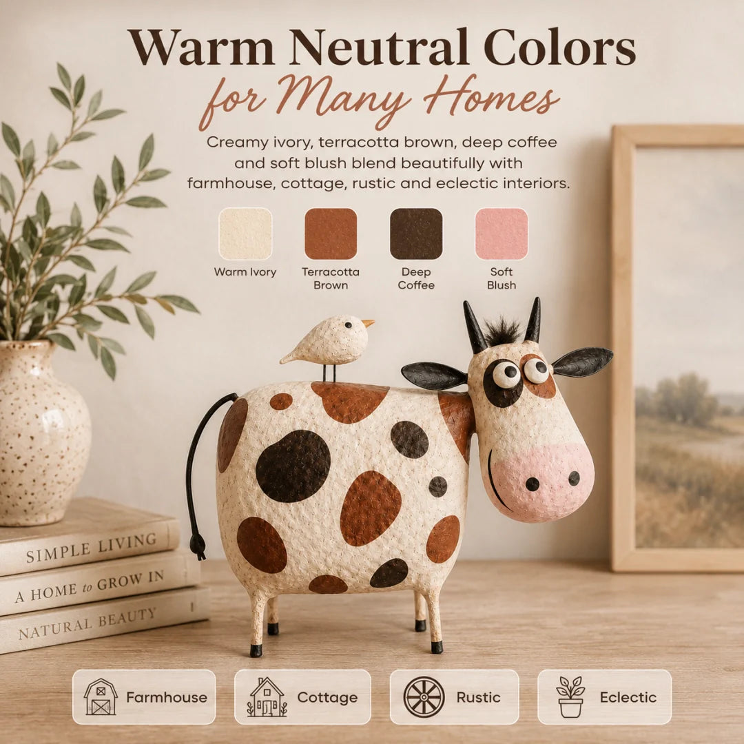 Whimsical Cow & Bird Figurine – Charming Folk Art Farmhouse Decor