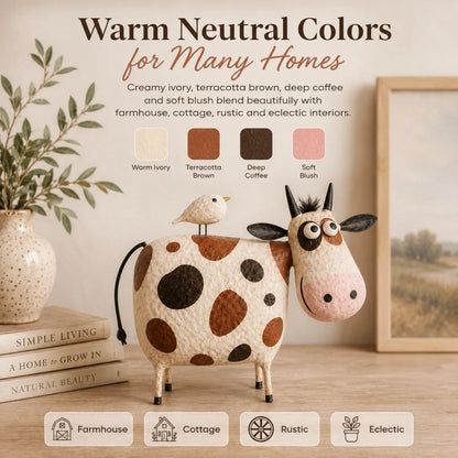 Whimsical Cow & Bird Figurine – Charming Folk Art Farmhouse Decor