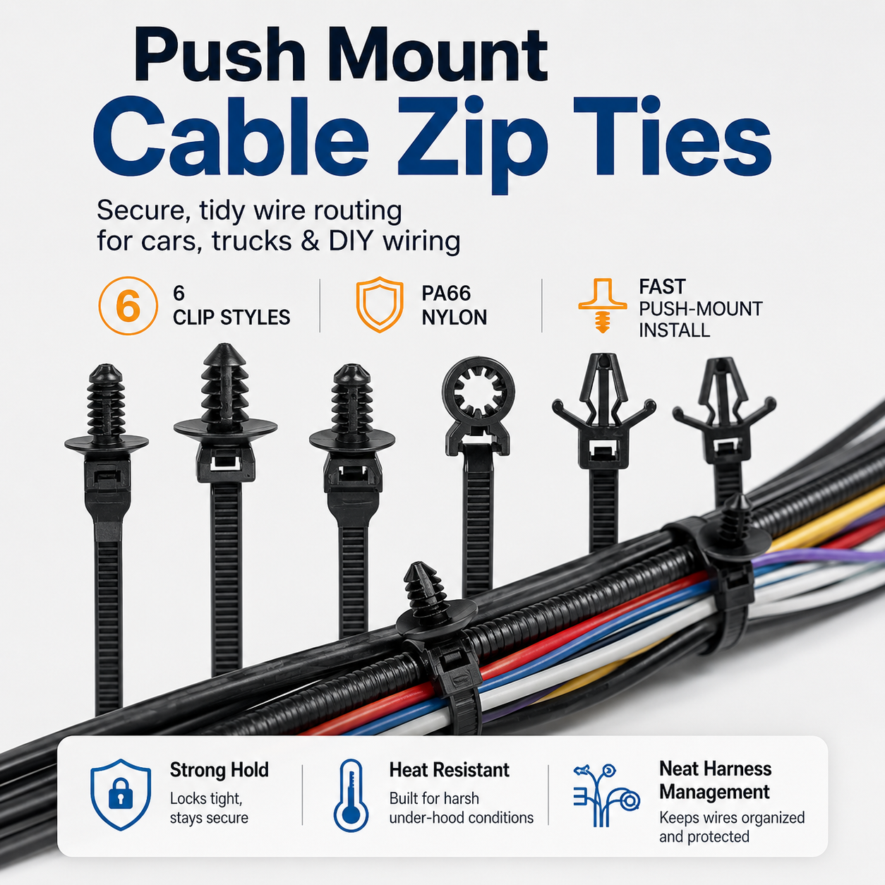 110 PCS Automotive Installation Black Push Mount Cable Zip Ties Assorted Sizes