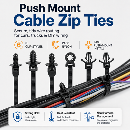 110 PCS Automotive Installation Black Push Mount Cable Zip Ties Assorted Sizes