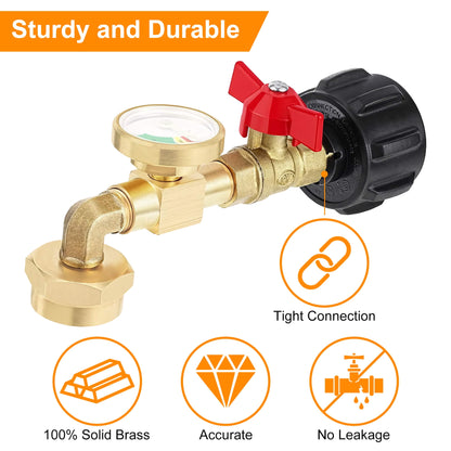 Upgraded Propane Refill Adapter with Valve and Gauge, Fill 1 lb Bottles from 20 lb Tank, Solid Brass