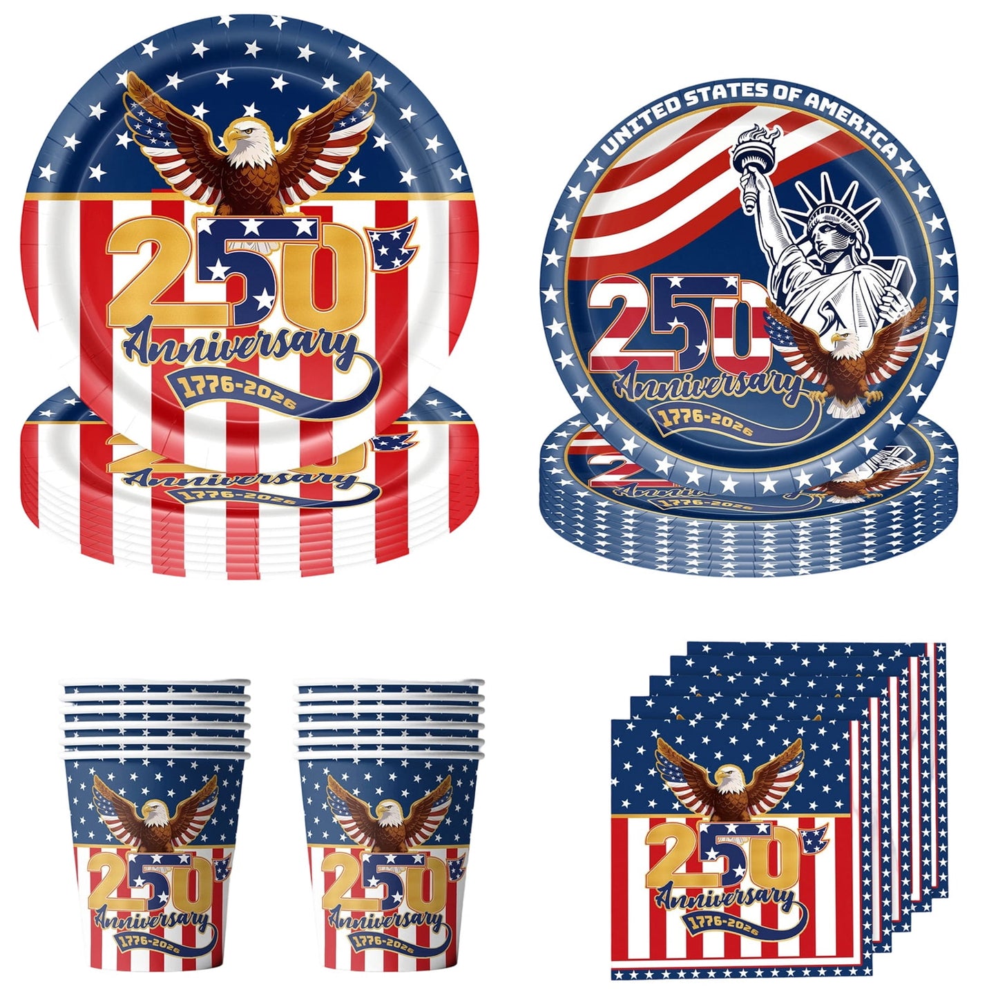 🎉Hot Sell🔥4th of July All-in-One Disposable Party Kit | Perfect for America’s 250th Celebration! 97PCS with Tablecloth, Banners & Cutlery
