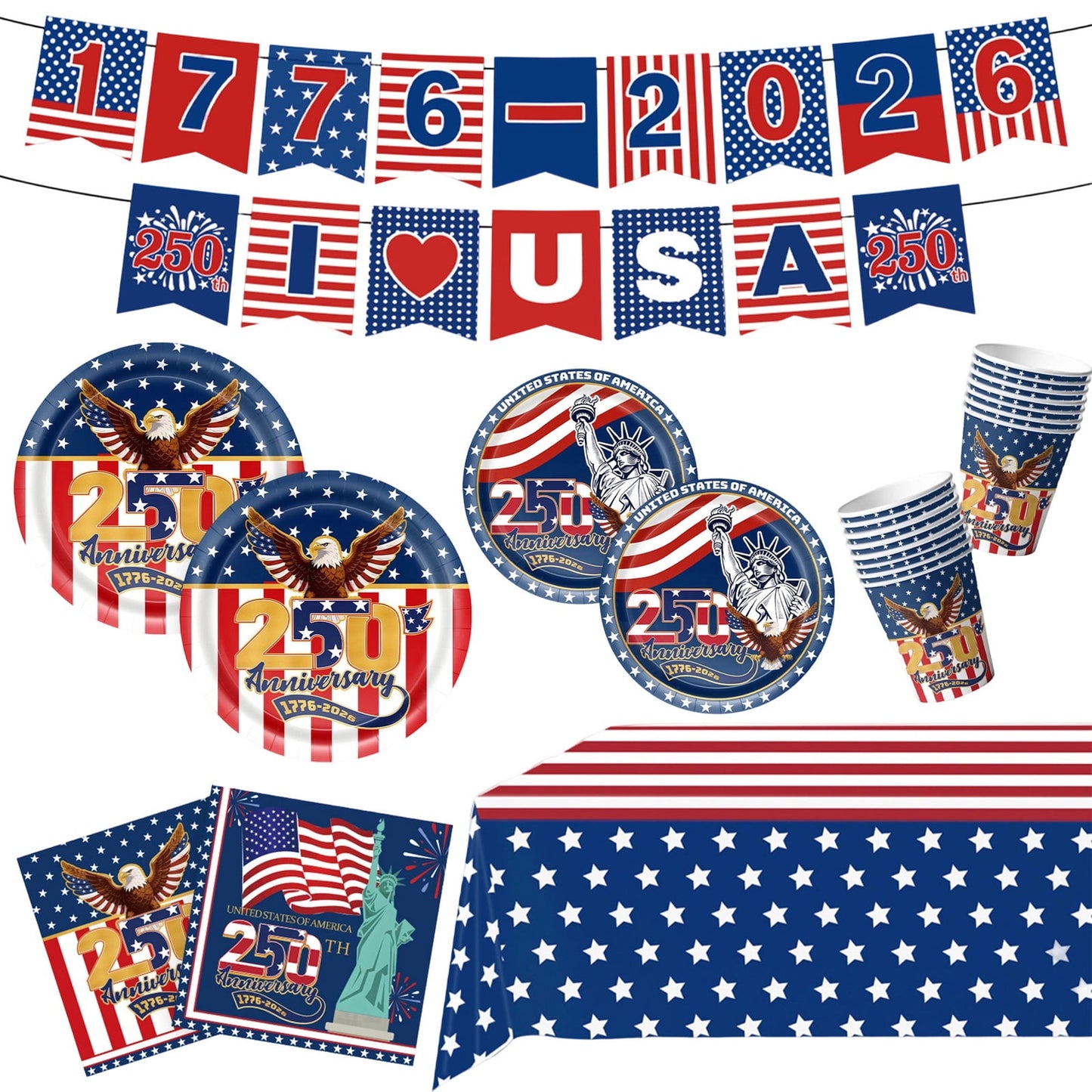 🎉Hot Sell🔥4th of July All-in-One Disposable Party Kit | Perfect for America’s 250th Celebration! 97PCS with Tablecloth, Banners & Cutlery