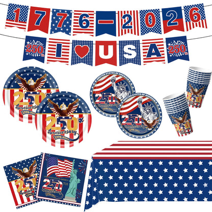 🎉Hot Sell🔥4th of July All-in-One Disposable Party Kit | Perfect for America’s 250th Celebration! 97PCS with Tablecloth, Banners & Cutlery