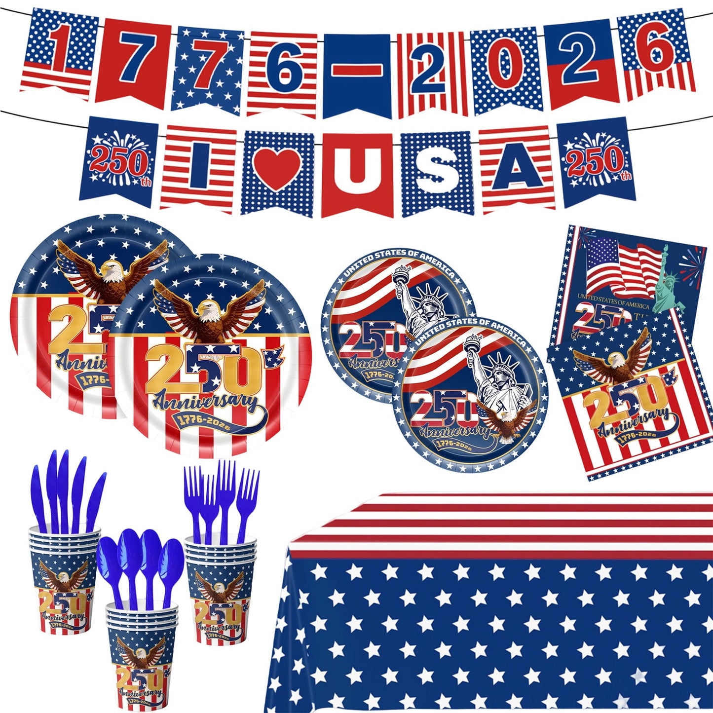 🎉Hot Sell🔥4th of July All-in-One Disposable Party Kit | Perfect for America’s 250th Celebration! 97PCS with Tablecloth, Banners & Cutlery
