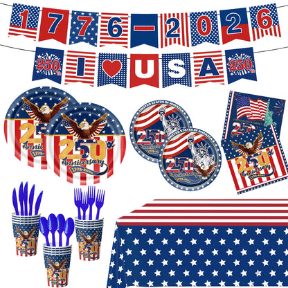 🎉Hot Sell🔥4th of July All-in-One Disposable Party Kit | Perfect for America’s 250th Celebration! 97PCS with Tablecloth, Banners & Cutlery