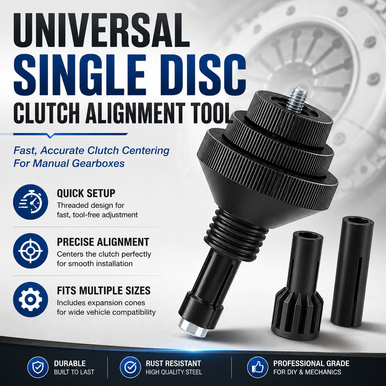 🔧 Universal Single Disc Clutch Alignment Tool with 2 Replaceable Plastic Sleeves for Cars & Light Trucks