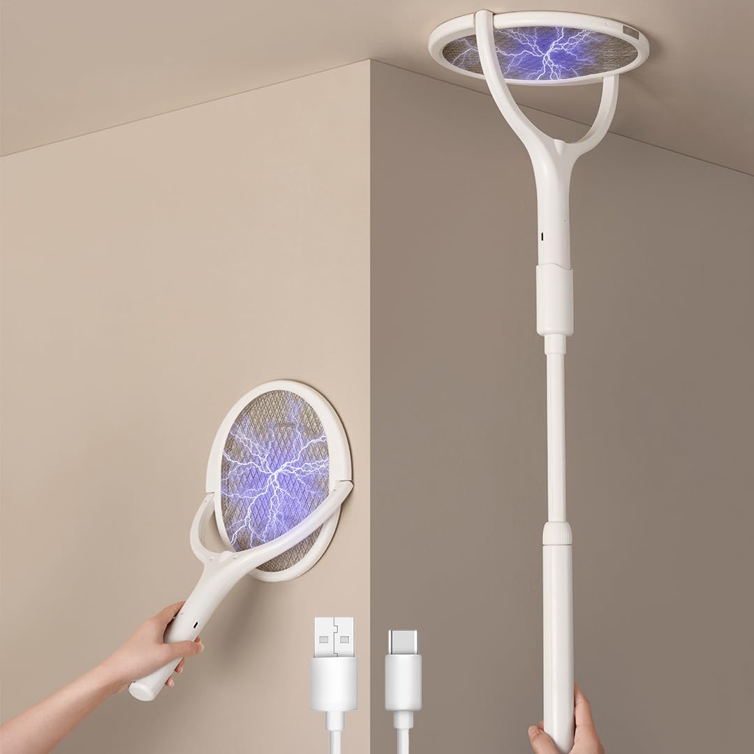 ⚡ Foldable Electric Mosquito Swatter – Rechargeable Bug Zapper with Extendable Handle