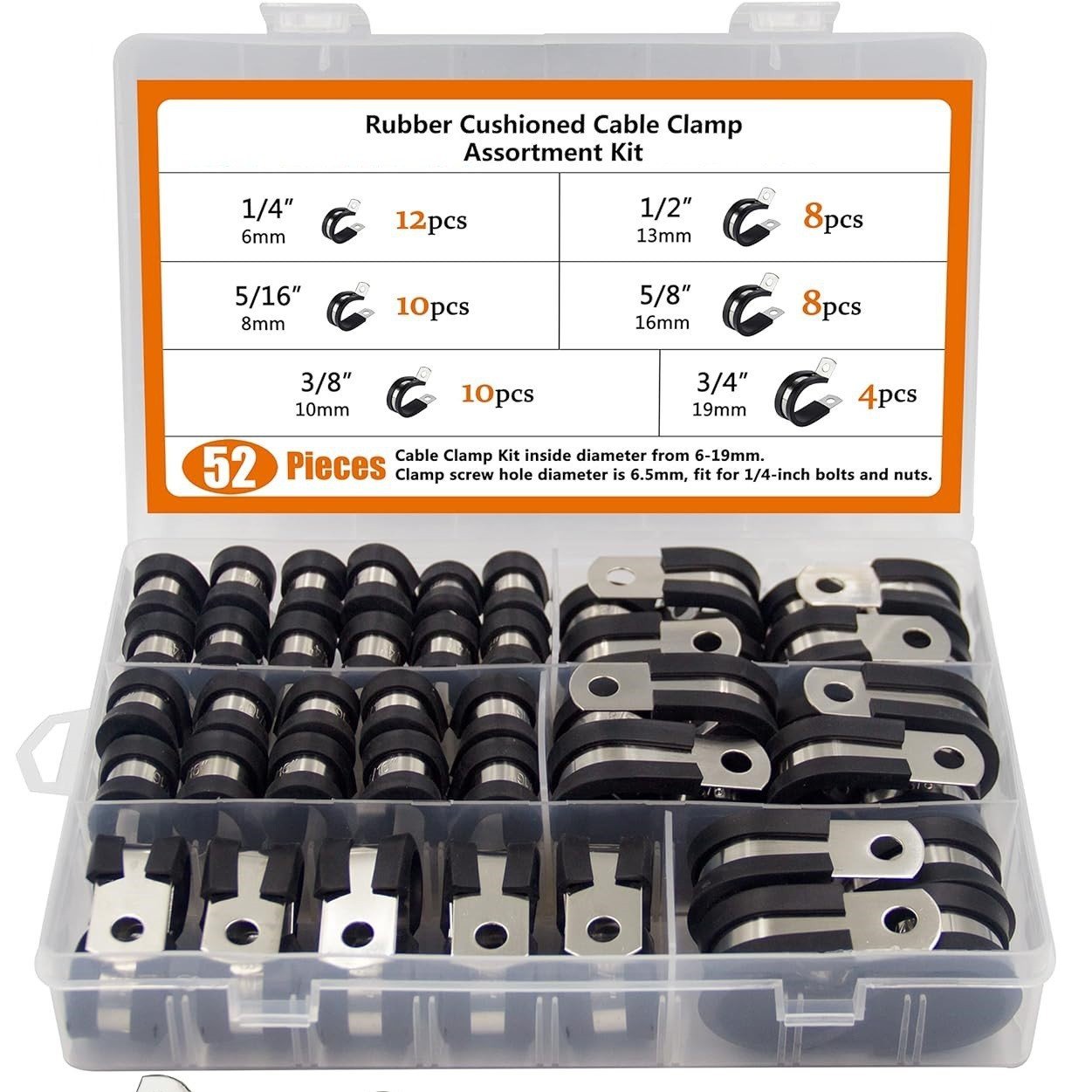 52Pcs 304 Stainless Steel Rubber Cushioned Cable Pipe Clamp Assortment Kit