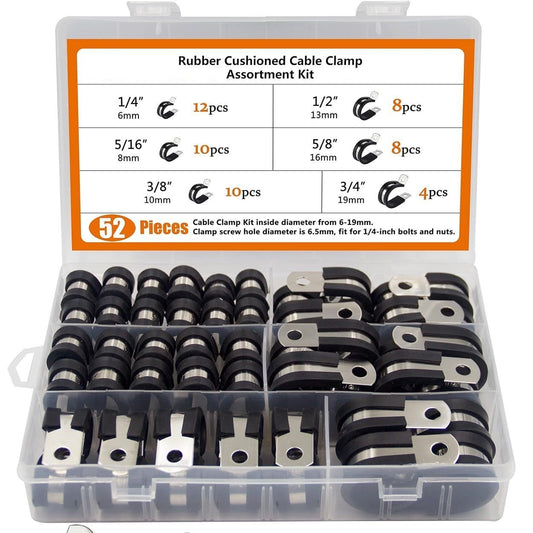 52Pcs 304 Stainless Steel Rubber Cushioned Cable Pipe Clamp Assortment Kit