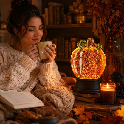 🎉Orange Fall Pumpkin Lighted Glitter Swirl Water Globe