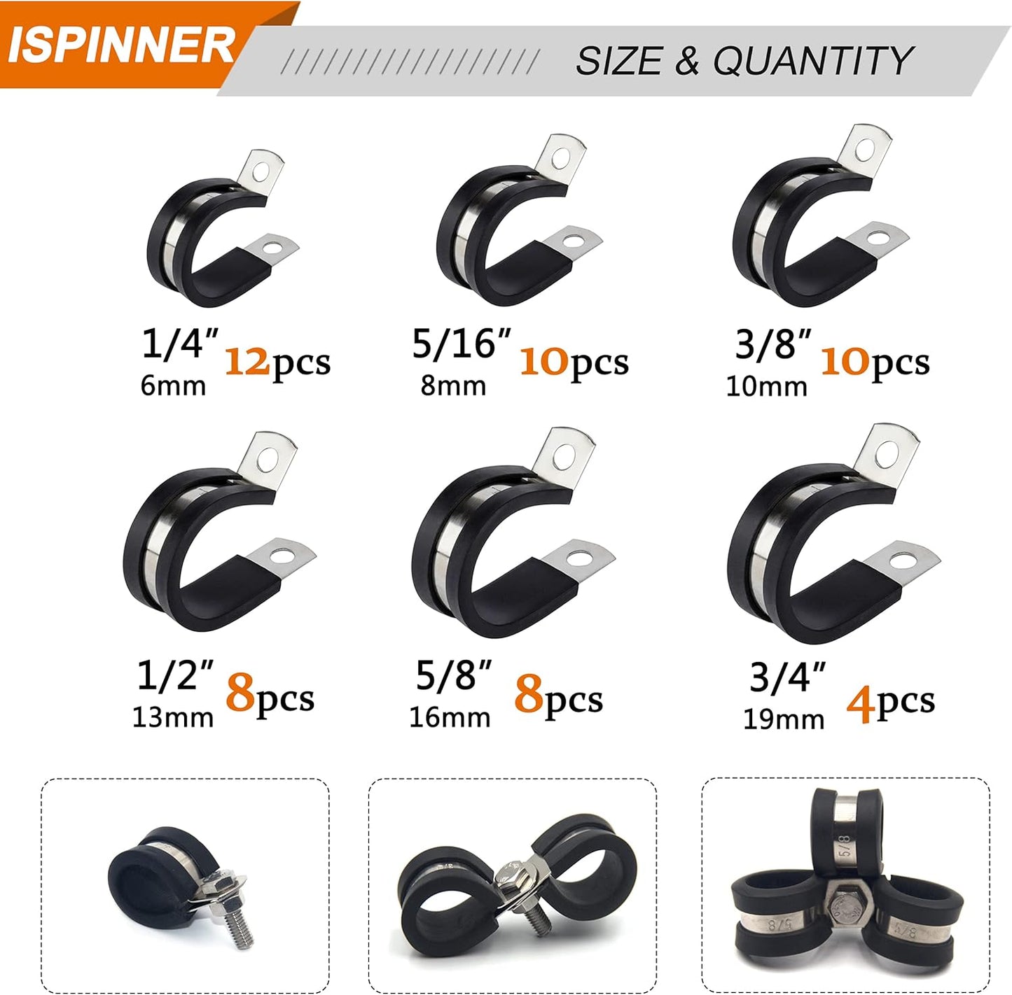 52Pcs 304 Stainless Steel Rubber Cushioned Cable Pipe Clamp Assortment Kit