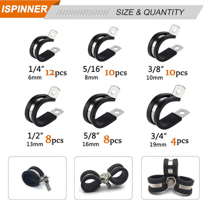 52Pcs 304 Stainless Steel Rubber Cushioned Cable Pipe Clamp Assortment Kit