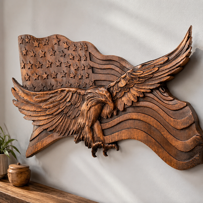 Eagle & Flag Wood Wall Plaque - Handcrafted American Heritage Tribute