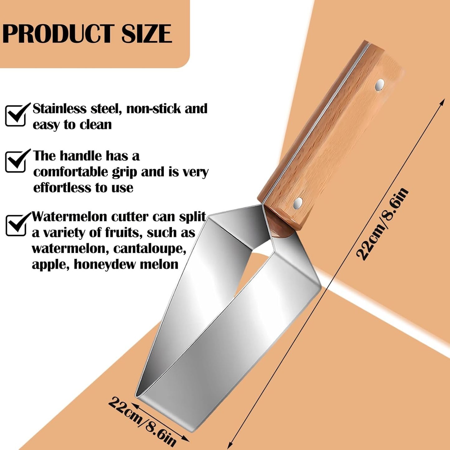 Stainless Steel Watermelon Wedge Cutter with Wooden Handle, Fruit Melon Slicer Kitchen Gadget
