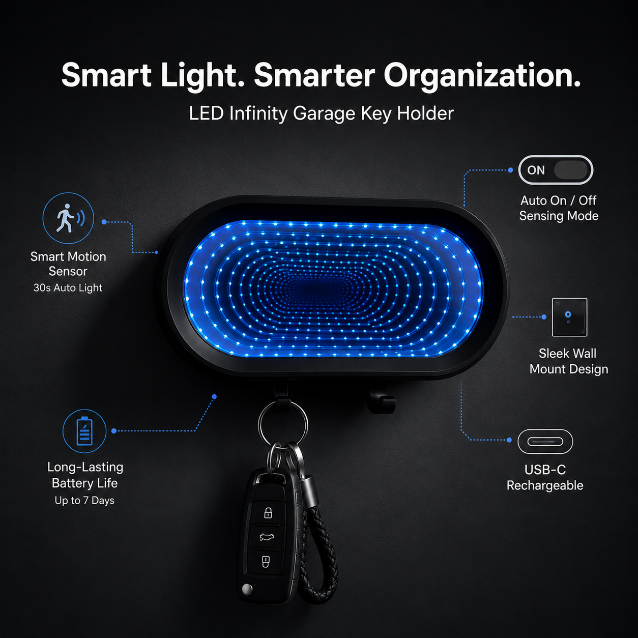 🌟Infinity LED Garage Key Holder | Illusion Mirror Rechargeable Holder
