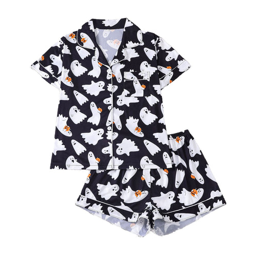 Women's Halloween Print Lapel Pajama Set – Mid-Year Sale: Casual, Comfortable Short-Sleeve Top & Shorts – All-Season Loungewear