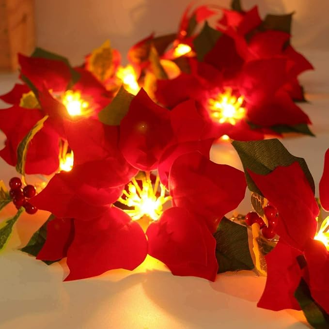 Red Flower Christmas String Lights | Cozy Holiday & Party Decor