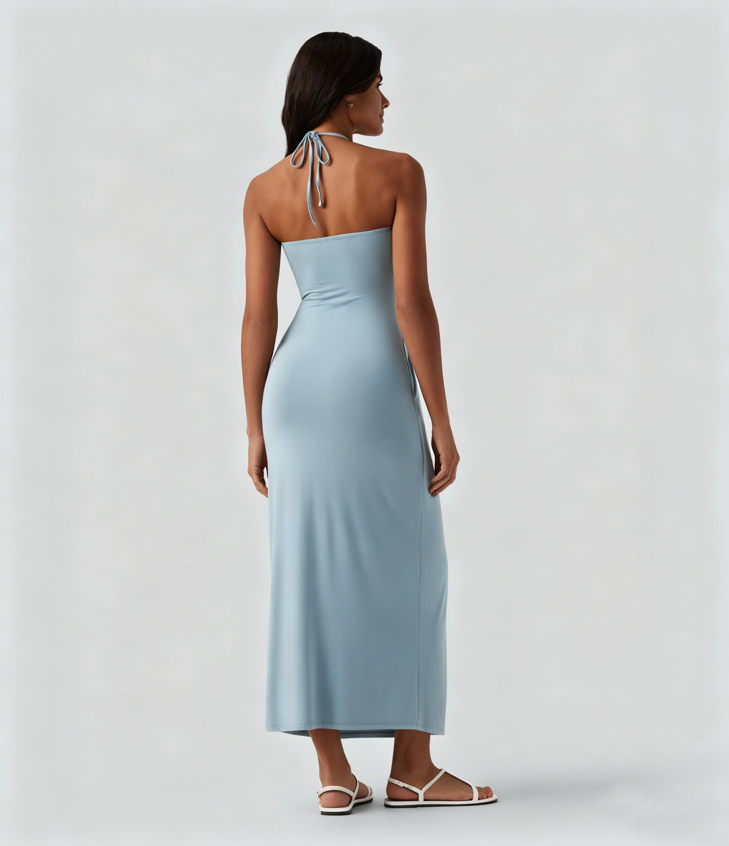 Draped Halter Tie Back Midi Dress with Pockets