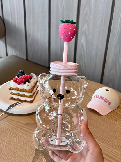 2026 New Cute Beaar Glass Tumbler with Bear Lid & Strawberry Straw, Holiday Teddy Bear Cup，20oz Reusable Aesthetic Teddy Bear Cup for Iced Coffee, Boba Milk Tea, Matcha, Juice, Smoothies & Cold Drinks, Dishwasher Safe