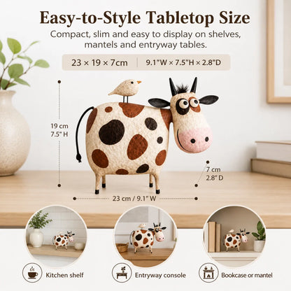 Whimsical Cow & Bird Figurine – Charming Folk Art Farmhouse Decor