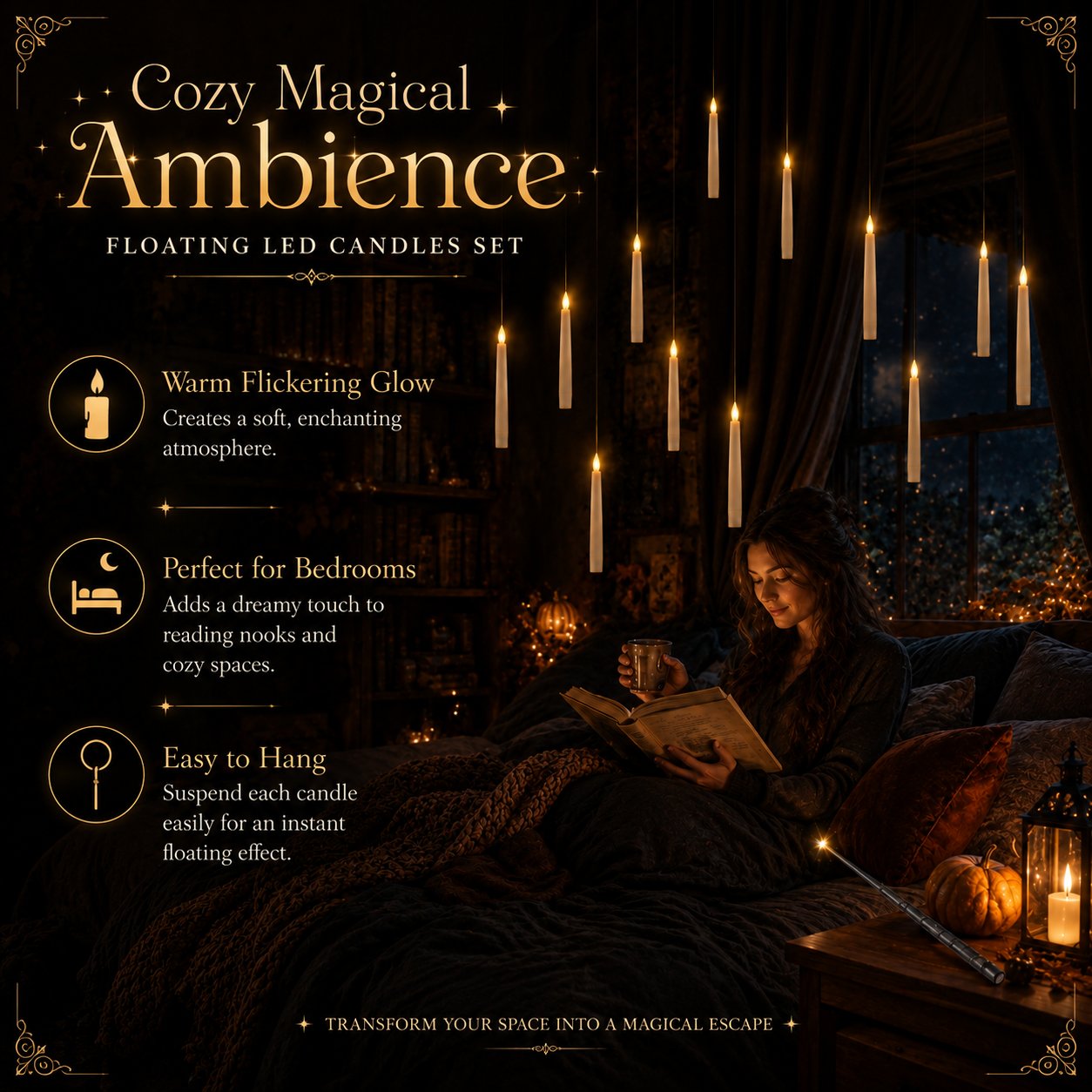 ✨ Floating LED Candles with Wand Remote | Flameless Hanging Candle Set🪄