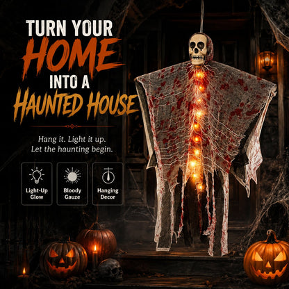🩸Light-Up Bloody Hanging Ghost – 💀Creepy Skeleton Halloween Porch & Haunted House Decor