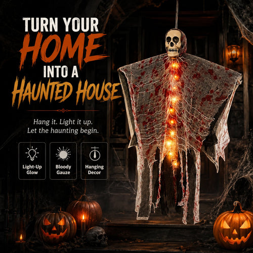 🩸Light-Up Bloody Hanging Ghost – 💀Creepy Skeleton Halloween Porch & Haunted House Decor