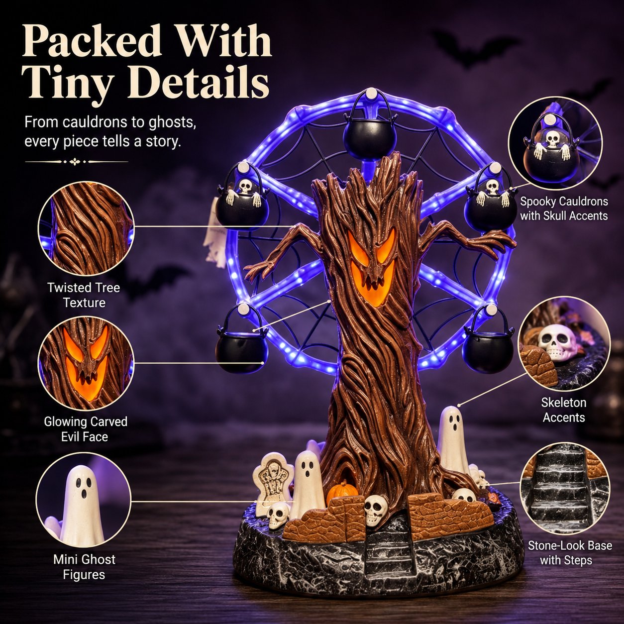 🎃 Halloween Haunted Tree Ferris Wheel Tabletop Decor, Light Up Resin Spooky Ghost Mini Scene Ornament